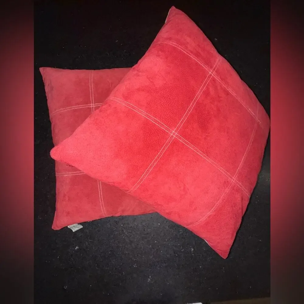 WOOLRICH RED GENUINE LEATHER SUEDE FEATHER INSERT LINEN BLEND BACK PILLOW SET